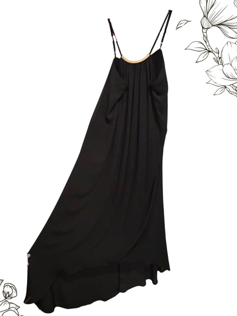 Black Gold Bar Neck Maxi Dress Large Spaghetti Strap Flowy Evening Party